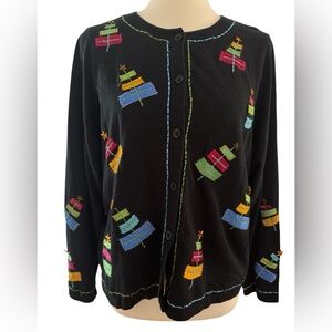 Michael Simon Lite black Christmas Tree Gifts Button Cardigan Size Medium